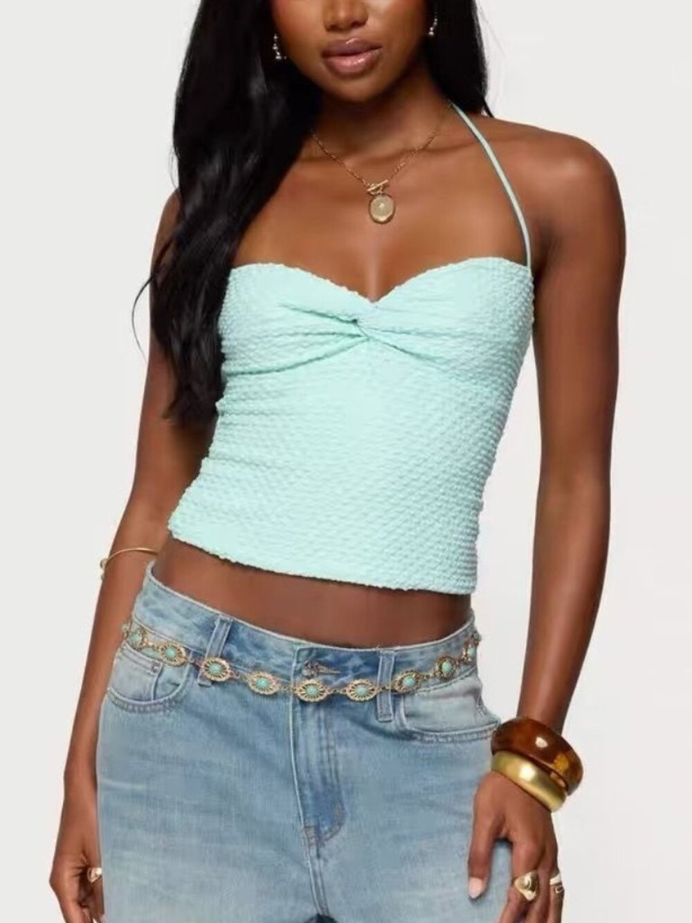 Edikted Mint Aqua Textured Halter Crop Top XS